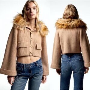 Zara Women’s Faux Fur Collar Y2K Cropped Knitted Boho Cardigan Sweater Medium